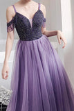 Elegant Cold Shoulder Beaded Lilac Tulle Long Prom Dress OKT95