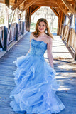 Charming Strapless Blue Ruffles Long Prom Dresses with Appliques OKL9