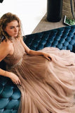 High Neck A-line Long Tulle Brown Prom Dress Sexy Evening Dress OKT79