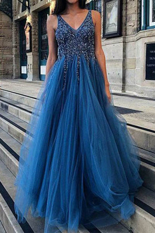 Cheap A Line Tulle Blue V Neck Beaded Long Prom Dress OKH24