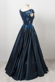 Elegant Dark Navy Cap Sleeves A-line Long Prom Gowns with Appliques OKU28