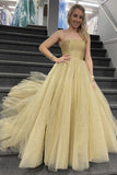 A Line Strapless Tulle Shiny Prom Dress Long Formal Evening Dress OK1321