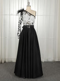 A-Line One-Shoulder Black Long Lace Appliqued Split Prom Dresses with Pockets OKJ11