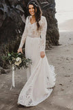 Beach Wedding Dress Long Sleeves V Neck Lace Chiffon A-line Bridal Gowns OKY94