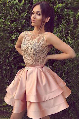 Cute round neck lace short a line pink homecoming dress, sweet 16 dress OK225