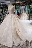 Princess Long Sleeves Ball Gown Lace Wedding Dress, Long Bridal Dress OKN43