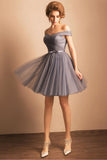 Grey A-line Princess Short Off the shoulder Pleated Homecoming Dresses OKA59