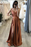 A Line Brown Long Prom Dress With Slit Simple Evening Party Dress OK1301