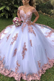 Off the Shoulder White Lace Appliques Tulle Long Prom Dress Formal Evening Dress White Ball Gown OKZ23