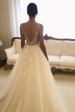 Romantic V Neck A-Line Tulle Wedding Dress With Lace Appliques Bridal Dress OK1204