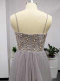 Silver Spaghetti Straps Beaded Bodice Tulle A-line Prom Dress OKS82