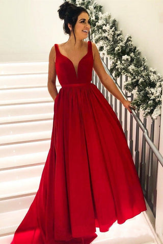 Simple Broad Straps Red Long Prom Dress with Pocket V Neck Cheap Formal Dress OKI9