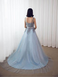 Sky Blue Formal Long Lace Appliqued Gray Tulle Prom Dress Cheap Quinceanera Dresses OKP2