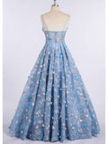 Princess Spaghetti Strap 3D Flower Applique Sky Blue Prom Dress Ball Gowns OKH90