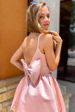 Graceful Spaghetti Straps A Line Pink V-neck Short Satin Cute Homecoming Dress OK1517