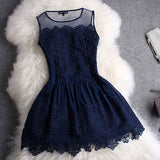 A line Mini Navy Blue Sleeveless Crew Short Homecoming Dresses With Lace OKD10