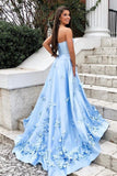 Sweetheart Sky Blue Long Satin Cheap Prom Dress with 3D Floral Applique OKI2