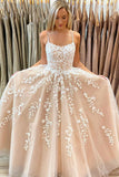 Elegant Spaghetti Straps A Line Tulle Long Lace Appliques Prom Dress OKZ22