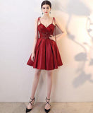 Burgundy V Neck A Line Satin Straps Short Homecoming Dress OKC30