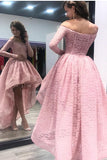 Fashion A-Line Off the Shoulder High Low Long Sleeves Pink Lace Prom Dresses OKF54