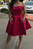 A-line Satin Beaded Strapless Short Cheap Homecoming Dress OKB63