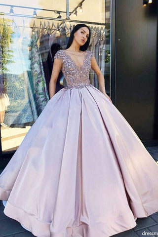 Charming Ball Gown V Neck Lavender Long Prom Dress with Beading OKF62