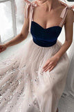 Tulle Princess Simple Sequins Prom Dress A-line Long Formal Evening Dress OKW3