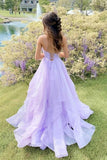 Princess Lavender Tiered Spaghetti Straps A Line Long Prom Dress OK1109