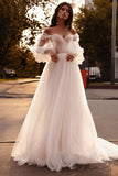 Off The Shoulder A Line Tulle Beach Wedding Dresses Sweetheart Puffy Sleeves Corset Princess Wedding Gown OKW15