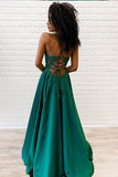 Emerald Spaghetti Straps Lace Appliques A-line Prom Dress OKU37