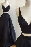 Simple Black Burgundy Satins V-neck Two Pieces A-line Prom Dress OK131