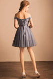 Grey A-line Simple Short Off the shoulder Pleated Homecoming Dress OKA59