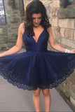 A Line V Neck Satin Navy Blue Short Homecoming Dress With Lace OKZ95