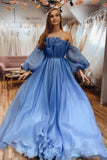 Blue Organza Long Sleeves Strapless Prom Dress A Line Formal Evening Dress OK1174