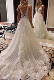 Sparkly A Line/Princess V-neck Sleeveless Applique Backless Wedding Dress OK1120