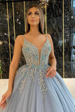 Dusty Blue Ball Gown Prom Dress Long Spaghetti Straps Tulle Crystals Beaded Formal Party Dress OKV97