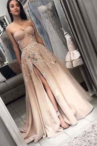 Elegant Sweetheart Long Split Prom Dresses with Appliques A Line Evening Dress OKH30