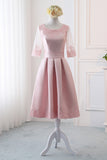 Pink Satin A Line Half Sleeves Lace Appliques Short Homecoming Dresses OKC4