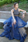 Elegant Two Pieces A-Line Blue Organza Long Prom Dress With Beads OKB20