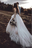 Graceful A-line Ivory Long Sleeves Tulle Appliques Lace Wedding Dresses OKV32