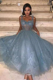 Chic Blue Prom Dress Tea Length Sexy Corset Top Tulle Skirt Party Gown OKV69