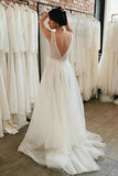 Tulle Beach Wedding Dress Deep V-Neck Lace A-line Bridal Dress Boho Wedding Gown OKW22