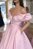 Pink Puffy Sleeves Satin Prom Dress A-line Long Party Evening Dress With Pockets OKV68