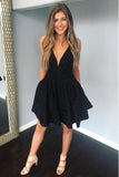 A-line Short V Neck Jacquard Black Homecoming Dress With Pocket OKZ96