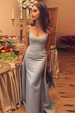 Mermaid Spaghetti Straps Detachable Silver Prom Evening Dresses with Appliques OKQ66