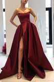 Burgundy Strapless A Line Long Satin Prom Dress With Split OKB47