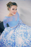 Two Piece Prom Dress With Long Sleeves, White Blue Printed Prom Dresses OKH51