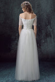 Simple Tulle Off Shoulder Floor-Length Short Sleeves A-line Lace Up Back Wedding Dresses OK802