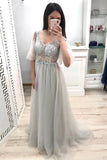 A Line V Neck Short Sleeves Prom Dress, Long Tulle Prom Gown OKK26