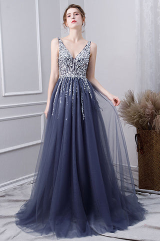 A Line V Neck Tulle Navy Blue Long Prom Dress With Beading OKL29